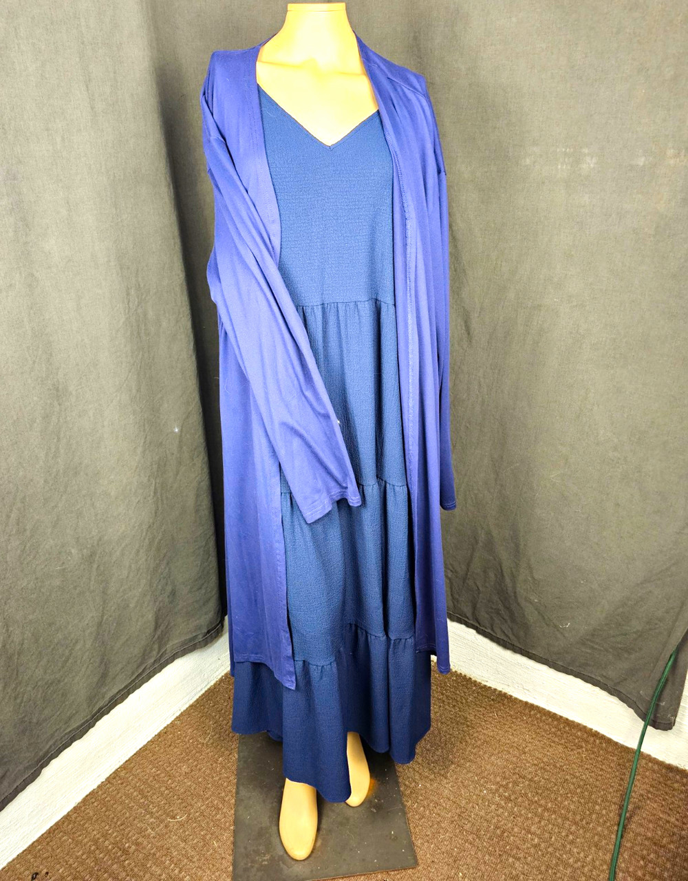 Emery Rose Plus Size 4XL Navy Blue Tiered Maxi Dress Duster Cardigan Set 2 Piece